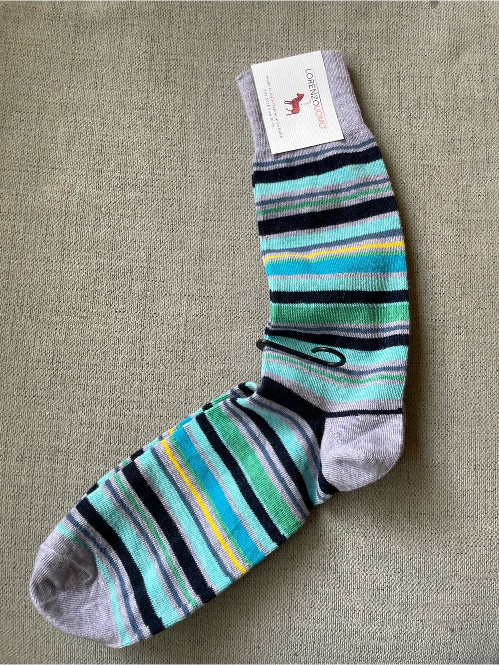 Lorenzo Uomo Men's Multi-Stripe Crew Socks in Gray, Teal & Navy